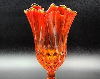 Fenton Art Glass Amberina Flame Thumbprint Swung Top Pedestal Vase, Glows Under a Black Light