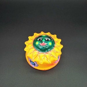 Vintage Mexico Pottery Trinket Dish with Lid, Yellow Sun and Flower Trinket Dish Made in Mazatlán Mexico Southwestern Decor