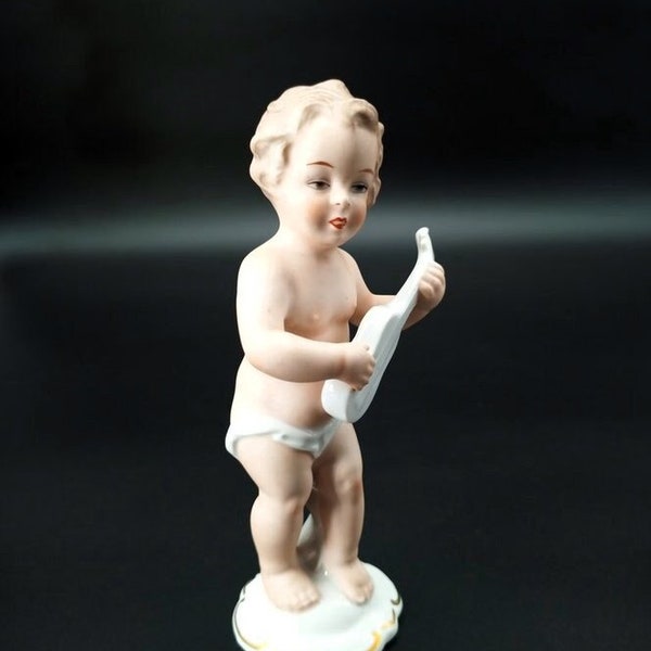 Wallendorf Schaubach Kunst Porcelain Figurine Boy Playing Uke/Guitar 6" Tall