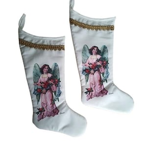 2 Vintage Angel Christmas Stockings, Angle Victorian Christmas Style Decor/Cottage Decor