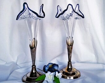 May include: A pair of silver-plated glass bud vases with blue rims. The vases are tall and slender with a flared top. They are perfect for displaying a single flower or a small bouquet.