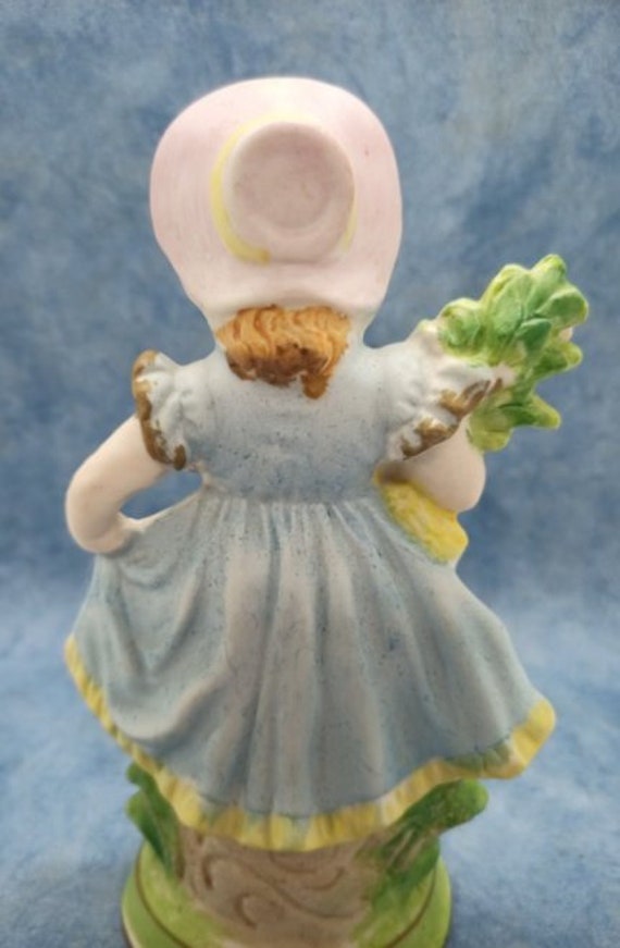 GG. Langsel. Erben 木彫り人形 花束を持つ少女 Occupied Japan Painted Bisque Girl Figurine Baslket of Spring