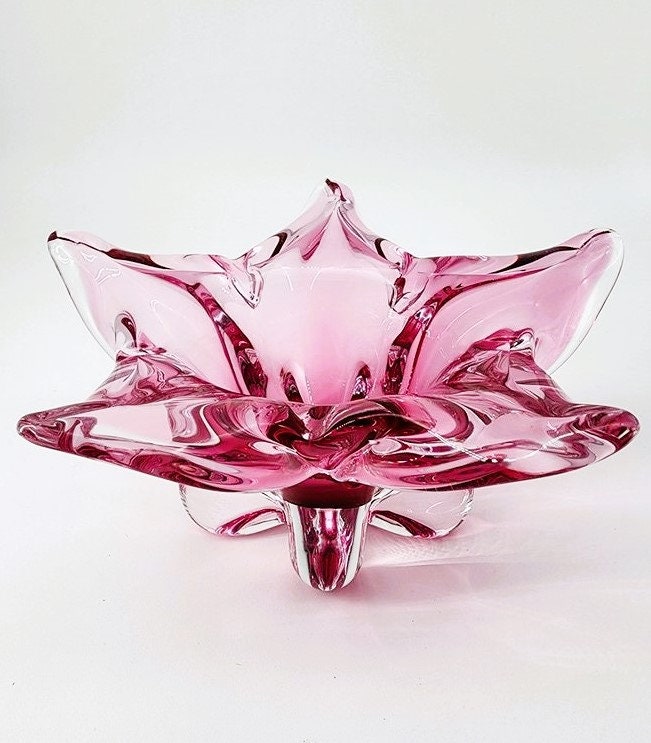 Vintage Pink Star Bohemia Czech Glass Bowl by Josef Hospodka