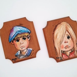 Vintage Big Eye Children Art 1970s Hand Painted Boy & Girl Set of 2 Wooden Wall Plaques, Signed