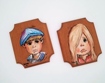 Vintage Big Eye Art: 1970s Hand-Painted Boy & Girl Wooden Plaques Set