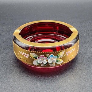 Bohemian Czech Ruby Red Glass Ashtray Applied Flowers Gold Trim - Trinket Dish, Little Candy Dish