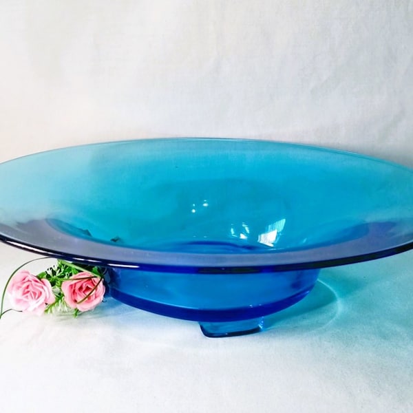 MCM Vintage Wide Flared Blue Glass Bowl 3 Footed Bowl. Wedding Decor - Cottage Decor