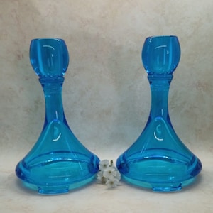 Vintage Pair of Taper Candle Holders Fostoria Saint Alexis Turquoise Glass Candlestick Holders