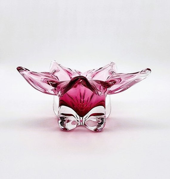 Vintage Pink Star Bohemia Czech Glass Bowl by Josef Hospodka