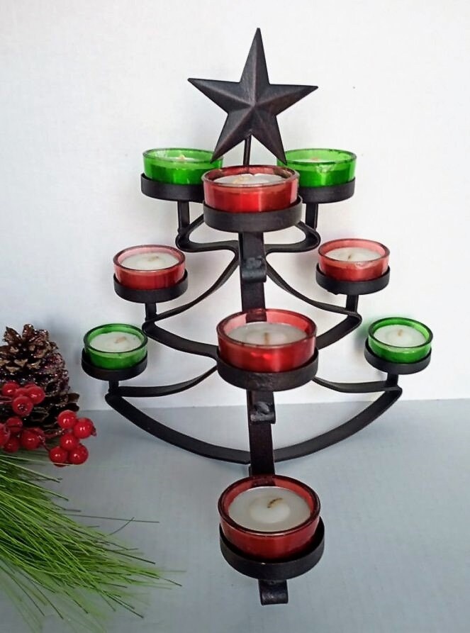 Black Metal Christmas Tree Tealight Candel Holder Country Etsy
