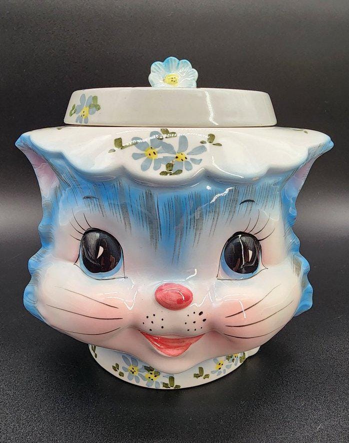 Vintage Lefton Miss Priss Ceramic Cookie Jar Blue Kitty Cat Japan