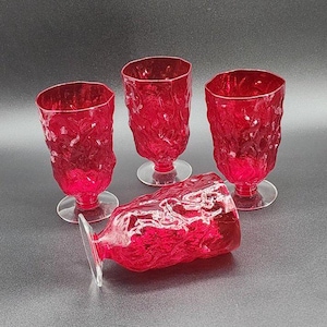 Vintage Morgantown Ruby Red Crinkle Tumble Glasses (set of 4) Drinking Glasses, Iced Tea Glasses Pedestal Base, Hand Blown Goblets/Tumblers