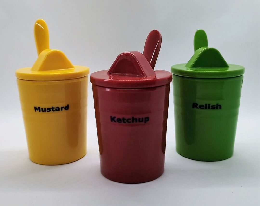 Pottery Barn 3 Condiment Jars for Ketchup Mustard and Relish With Lids