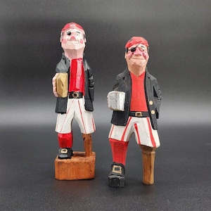 Vintage Folk Art Pirate Carved Wood Peg Leg Figurine Nautical Pirate Patch eye, Wooden Sailor, Beach House Decor