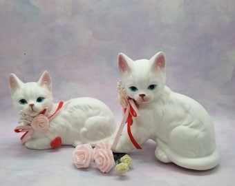 Vintage White Cat Figurines, 1986 Enesco, Valentine's Day Cats with Heart Charm Collars