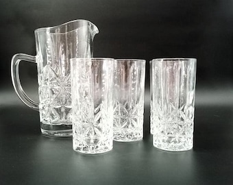 Diamond Cut Crystal Glass Pitcher & 4 Glasses, Barware, Dining and Serving Set,