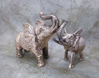 Vintage Solid Brass Elephant Figurines/Statue Mom and Baby, Raised Trunk