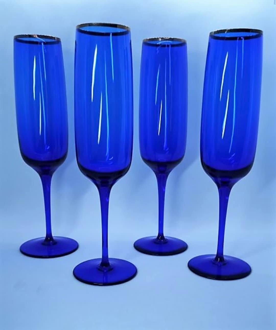 Vintage Cobalt Blue Champagne Flutes Glasses Set of Four 4 Vintage Barware Toasting Wedding