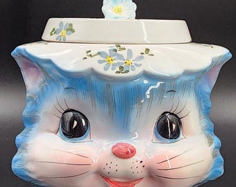 Vintage Lefton Miss Priss Ceramic Cookie Jar Blue Kitty Cat Japan