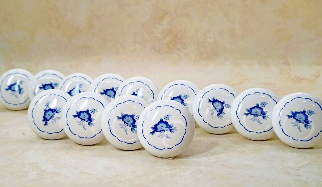 White and Blue Porcelain Flower Mushroom Cabinet Pull Knobs Set of 13 ...