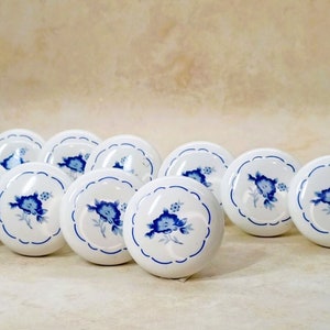 White and Blue Porcelain Flower Mushroom Cabinet Pull Knobs Set of 13