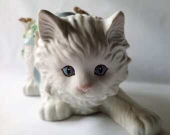 Enesco White Ceramic Cat Figurine, Playful Kitten Figurine, Blue Eye White Cat Figurine, Cat Shelf Sitter