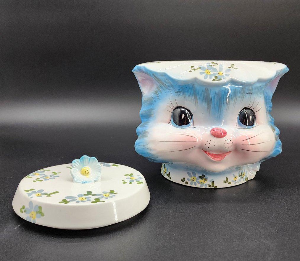 Vintage Lefton Miss Priss Ceramic Cookie Jar Blue Kitty Cat Japan