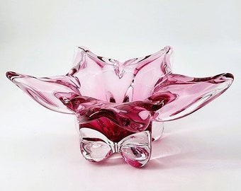 Vintage Pink Star Bohemia Czech Glass Bowl by Josef Hospodka