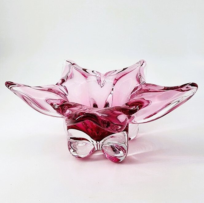 ヴィンテージBOHEMIA GLASS ピンクガラス一点もの Vintage Pink Star Bohemia Czech Glass Bowl by Josef Hospodka
