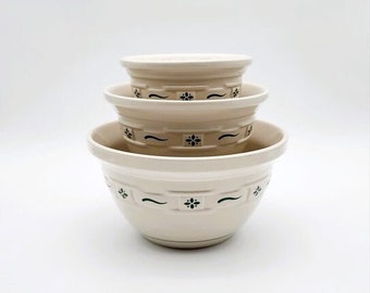 Longaberger Pottery Mixing Bowls Woven Traditions Heritage Green - Nesting Set of 3 Mixing Bowls.