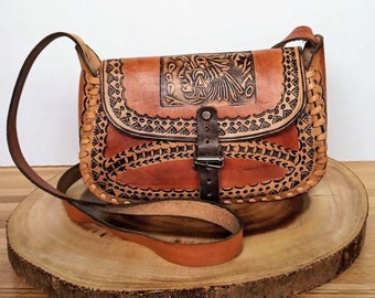 Vintage Small Crossbody Purse - Mexico Brown Aztec Mayan Hand Tooled Leather Purse