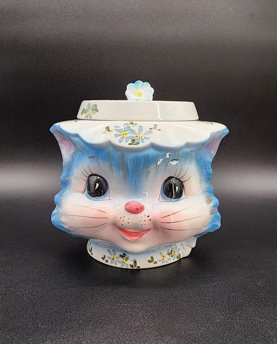 Vintage Lefton Miss Priss Ceramic Cookie Jar Blue Kitty Cat Japan