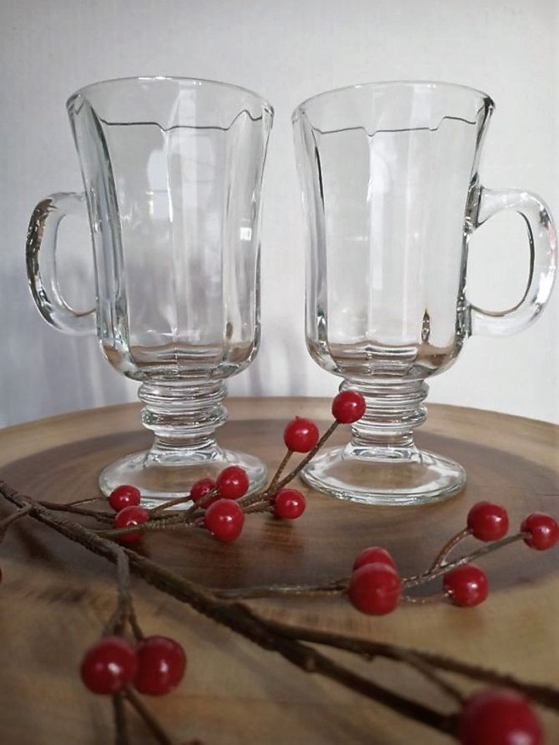 Vintage Libbey Clear Glass Irish Coffee Mugs Pedestal Glasses, Egg Nogg