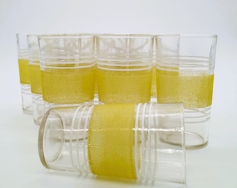 Vintage Granite Yellow band and Clear Glasses (set of 10) Retro 60s Glasses, Juice Glasses Tumblers Retro Kitchen, Barware Tumblers Glasses