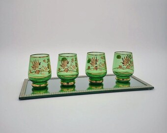Set of 4 Green Bohemia Crystal Liquor Glasses with Gold Floral Accent. Made in Czechoslovakia, Barware.
