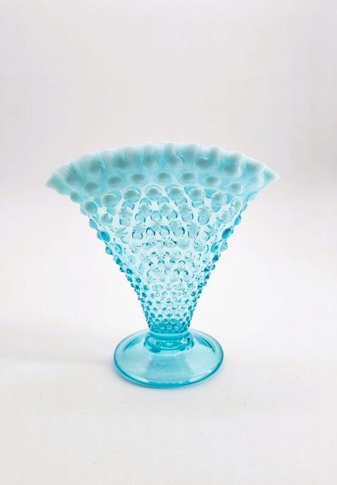 Vintage FENTON Aqua Blue Opalescent Hobnail Fan Vase With Ruffled Edge ...