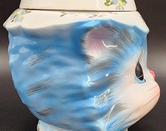 Vintage Lefton Miss Priss Ceramic Cookie Jar Blue Kitty Cat Japan
