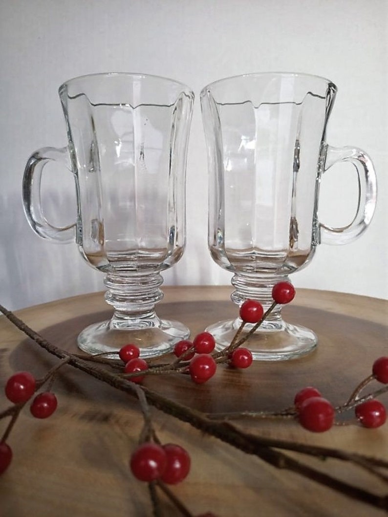 Vintage Libbey Clear Glass Irish Coffee Mugs Pedestal Glasses, Egg Nogg