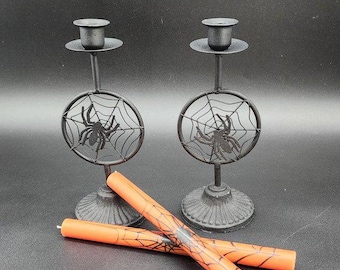 A Pair of Black Candle Holders- Halloween Spider Web Taper Candle
