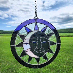 Vintage Celestial-Stained Glass Sun and Moon Suncatcher Window Hanging 8-1/2"