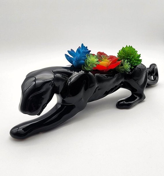 Vintage Mid-century Modern Black Panther Ceramic Succulent Planter