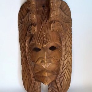 Vintage Mexico Mayan Mask Guatemala Tribal Hand Carved Wood Art Wall Decor Folk Art