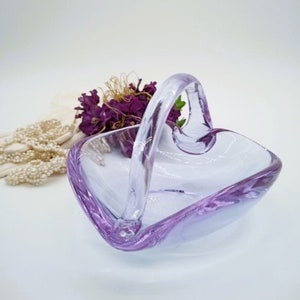 Vintage Hand-Blown Murano Lavender Glass Heart Shape Bowl with Handle - Art Glass Catchall Dish