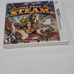 May include: A Nintendo 3DS game case for "Code Name: S.T.E.A.M." featuring a colorful action scene with characters in red and yellow. The game is rated "T" for Teen.