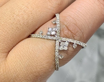 Art-Deco-Crossover-Ring, Criss-Cross-Moissanite Ring, einzigartige X Ehering Frauen, X-förmige Statement-Ring, Silber & Gold Jubiläumsringe