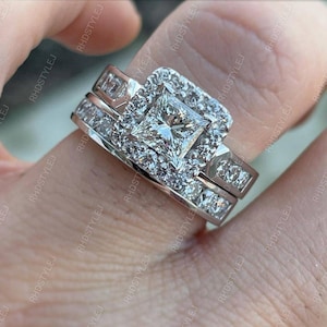 Princess Cut Halo Engagement Ring Set, Princess Cut Moissanite Bridal Wedding Ring Sets For Women, Matching Half Eternity Band, 925 Silver