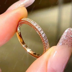 Milgrain Vintage Wedding Bands Women, Art Deco Moissanite Band, Half Eternity Band, Gold Stackable Rings, Unique Bridal Matching Band Ring
