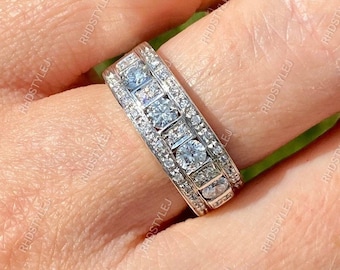 Wide Band Rings For Women, Wide Engagement Ring, Moissanite Anniversary Band, Chunky Eternity Wedding Band, 925 Sterling Silver