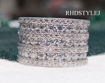 Wide Wedding Bands With Lab Grown Diamonds, Multi Row Anniversary Band For Women