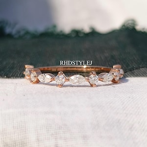 Alternating Lab Grown Round And Marquise Diamond Wedding Band Minimalist Half Eternity Stackable Rings
